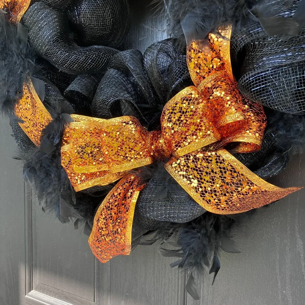 Halloween Feather Deco Mesh Wreath Black Orange Glitter Ribbon Large Big